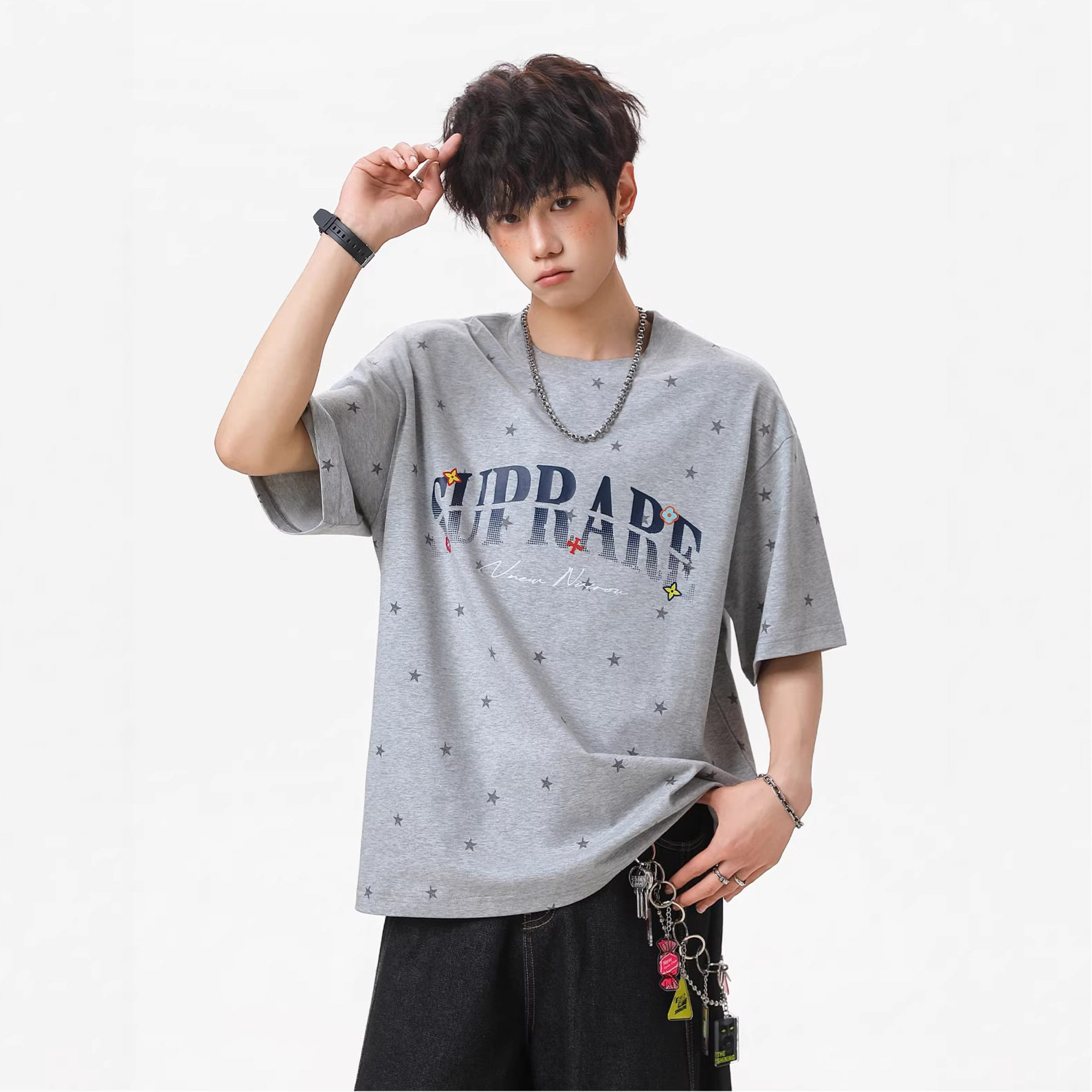 满星撞色字母印花短袖T恤男夏季款美式高街潮牌纯棉宽松半袖体恤，男装T恤，电商A362