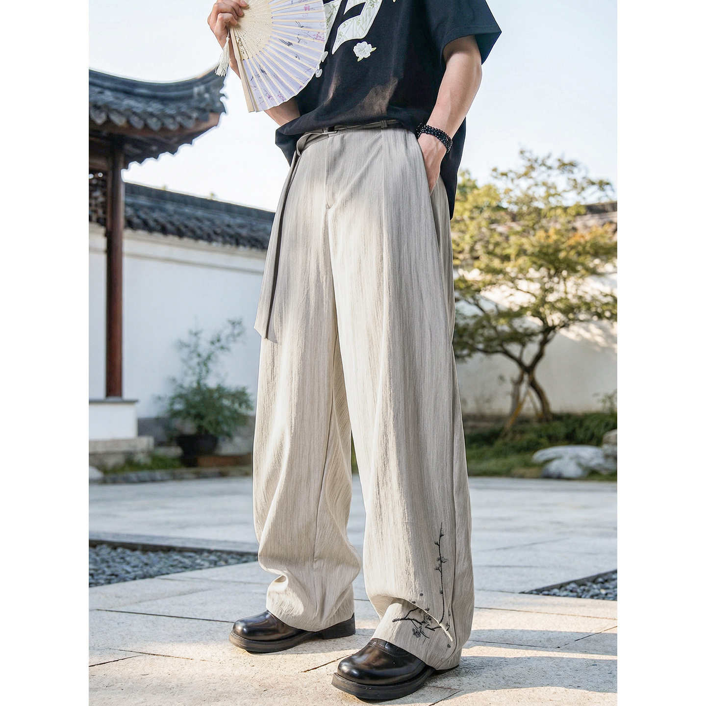 男春夏款肌理打褶直筒裤潮牌质感印花宽松长裤子OK2699-P55控98图片