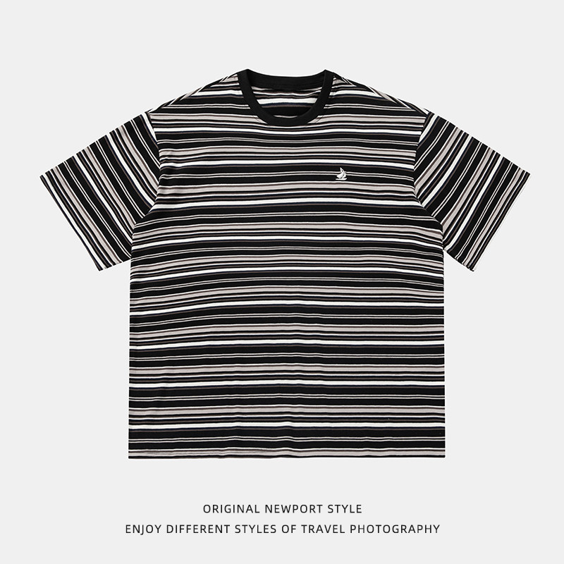 平铺休闲刺绣短袖T恤男女宽松情侣撞色条纹体恤MT7170-P40控65，男装T恤，电商A362