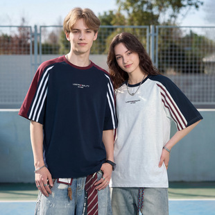 OT7260 运动短袖 体恤衫 复古条纹宽松休闲半袖 P40控68 T恤男夏季