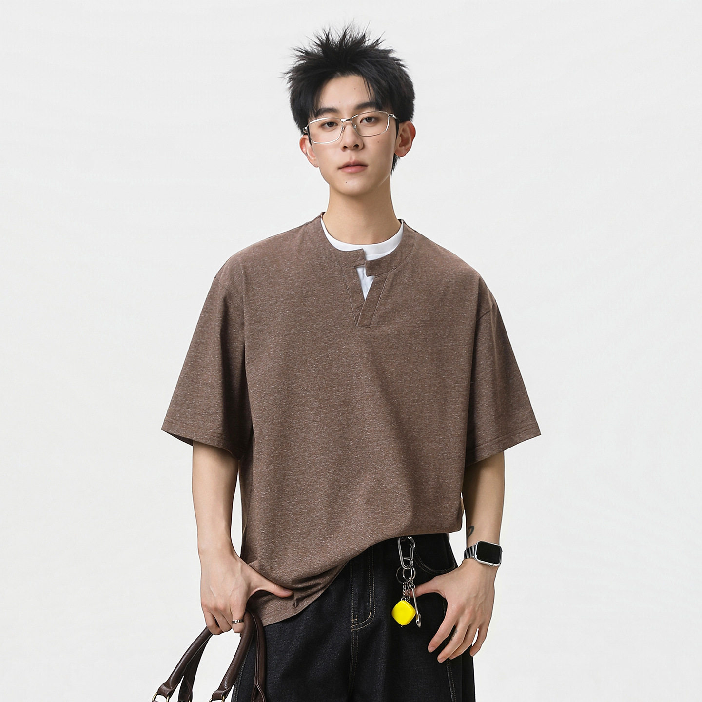 简约假两件短袖T恤男夏季质感宽松不对称双层领半袖潮牌休闲体恤，男装T恤，电商A362