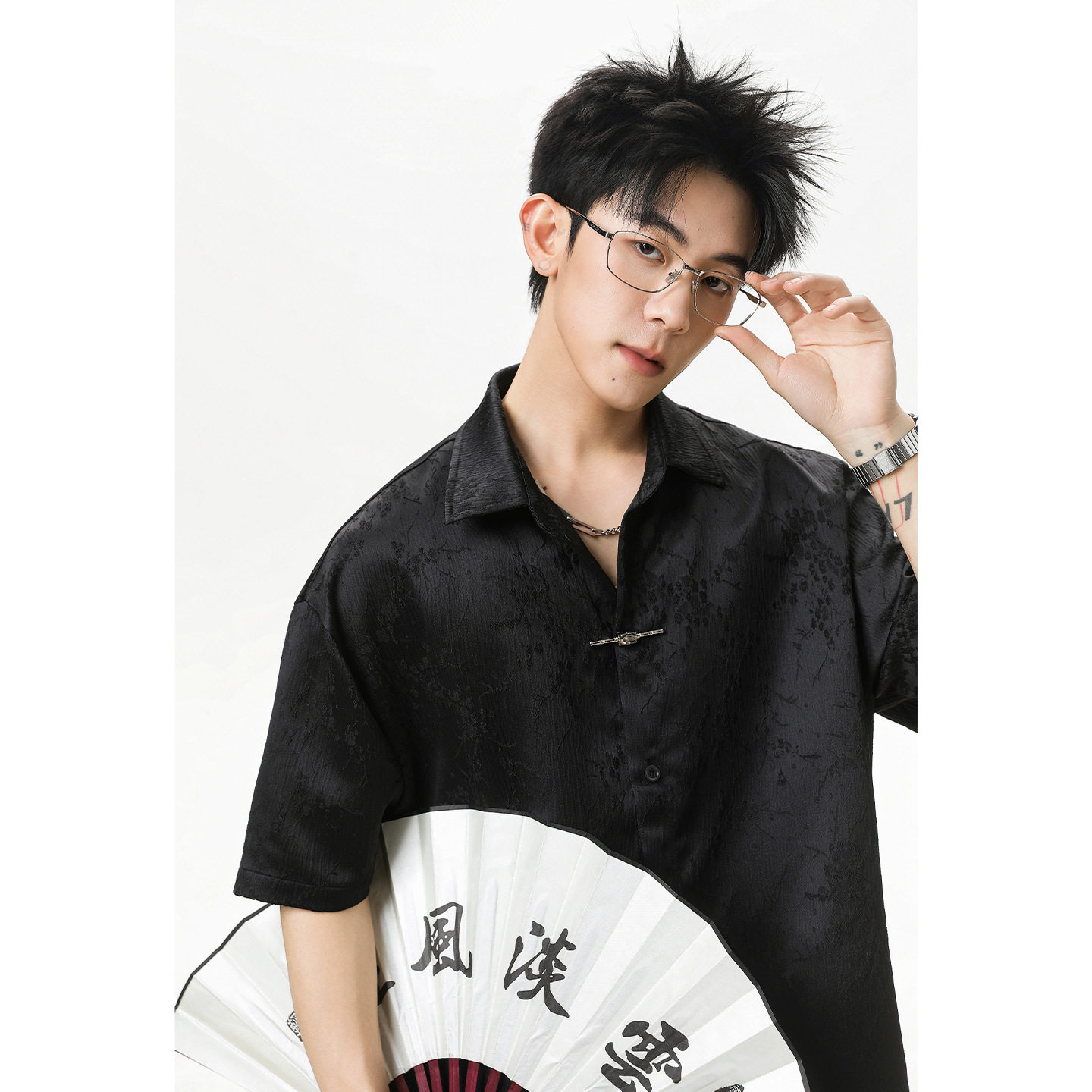 男夏季透气款梅花肌理金属一字扣宽松休闲衬衣OC7289-P38控68,男装衬衫,电商A362