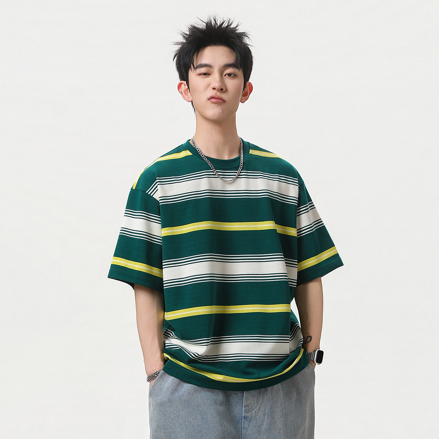 美式色织撞色条纹短袖T恤男夏季新款潮牌复古质感宽松半袖体恤衫，男装T恤，电商A362