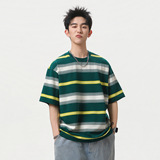 美式色织撞色条纹短袖T恤男夏季新款潮牌复古质感宽松半袖体恤衫，男装T恤，电商A362