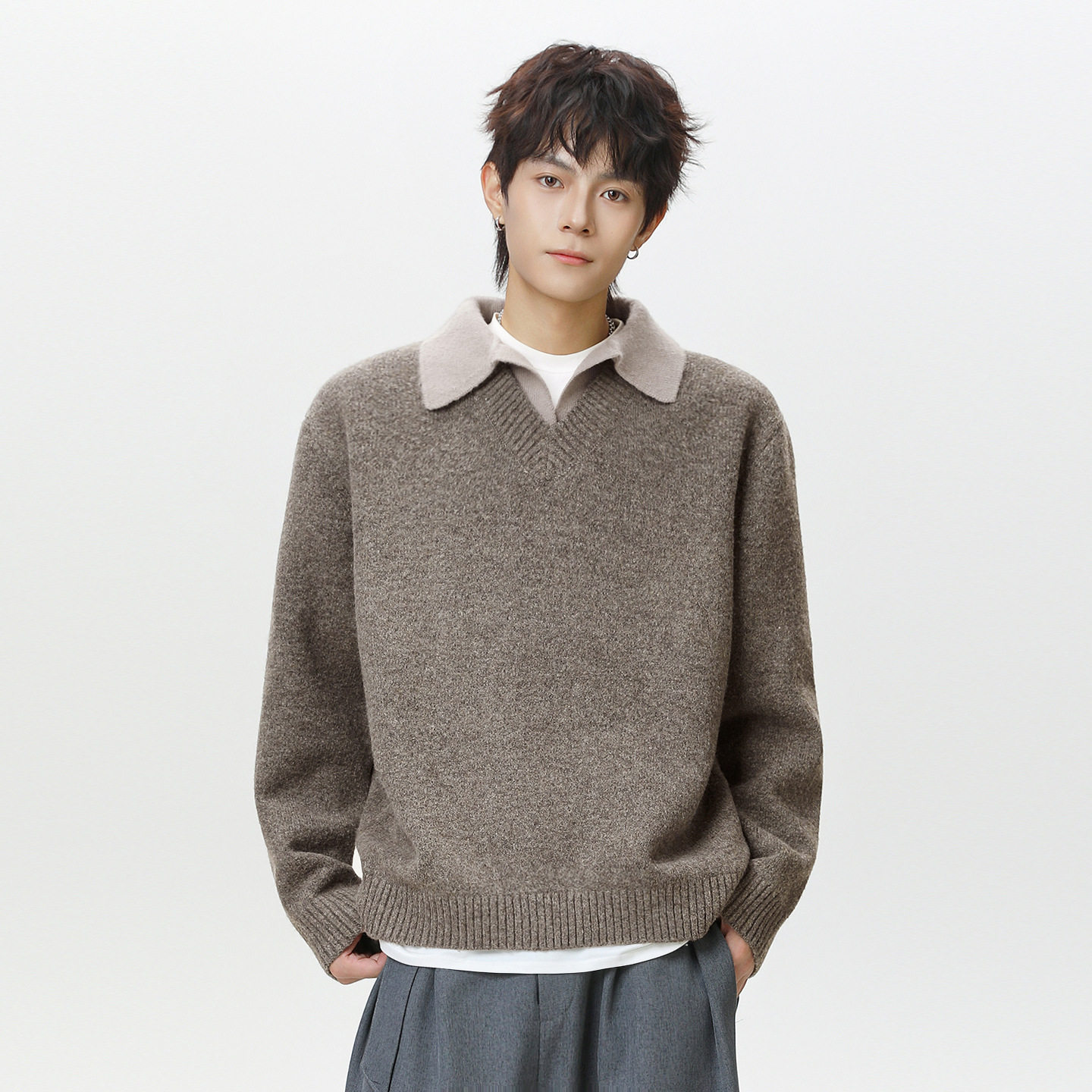 V领毛衣男秋冬新款复古翻领polo针织衫保暖外套MM4149-P60控98,男装Polo衫,电商A362