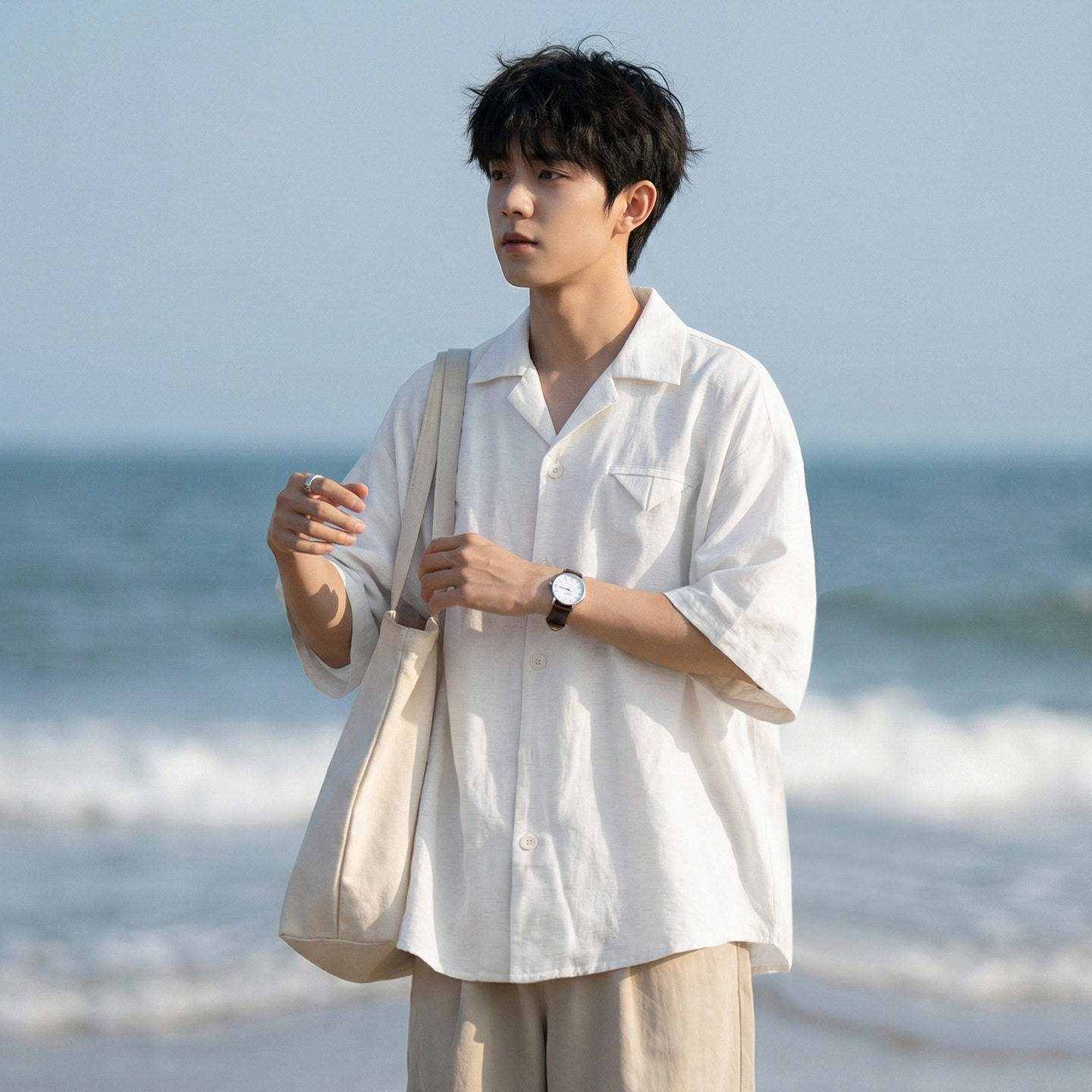 袖衬衫男夏季薄款透气纯色宽松垂感休闲衬衣外套OC7242-P44控78，男装衬衫，电商A362