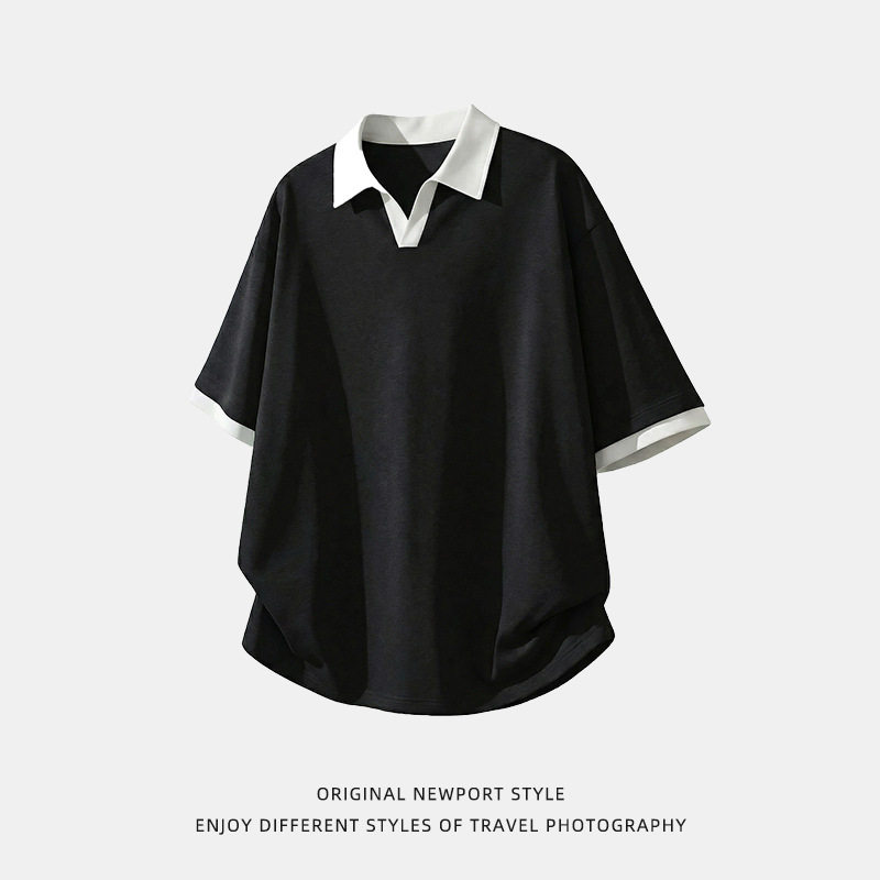 撞色假两件海鸥领短袖polo衫男夏季款复古老钱T恤质感休闲体恤衫，男装T恤，电商A362