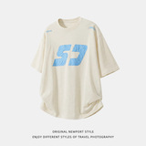 撞色印花纯棉短袖T恤男夏季高街美式情侣半袖潮牌质感宽松体恤衫，男装T恤，电商A362