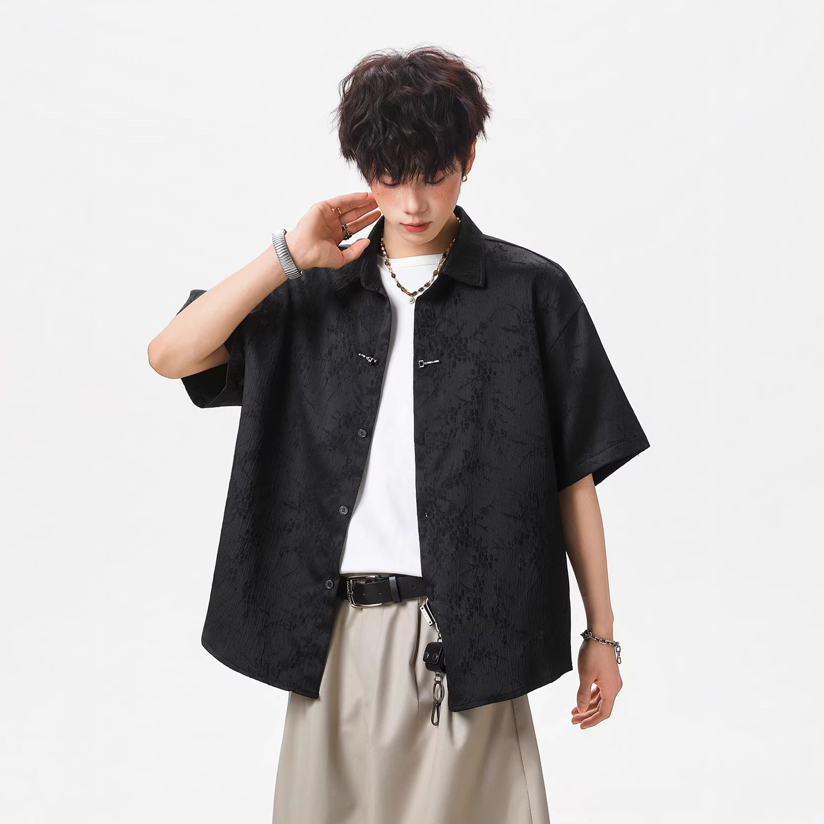 肌理短袖衬衫男夏季款透气宽松金属一字扣休闲衬衣OC7289-P38控68，男装衬衫，电商A362