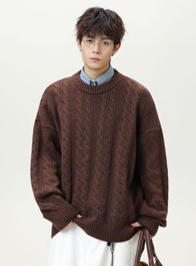 圆领毛衣男秋冬新款纯色宽松潮牌麻花线衣针织衫K4097-P51控88