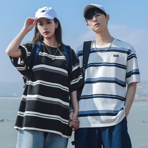 wassup happy条纹短袖t恤男夏季薄款撞色宽松上衣潮牌休闲五分袖图片