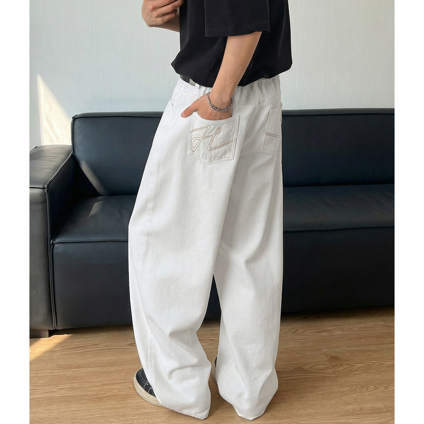 刺绣白色牛仔裤男春季复古潮牌宽松直筒休闲长裤ON2622-P55控88，男装牛仔裤，电商A362