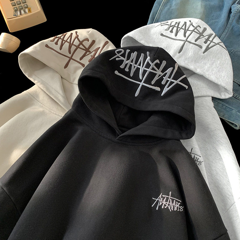 手绘字母刺绣卫衣女秋冬新款情侣帽衫宽松外套L3840-P52控88，男装卫衣，电商A362