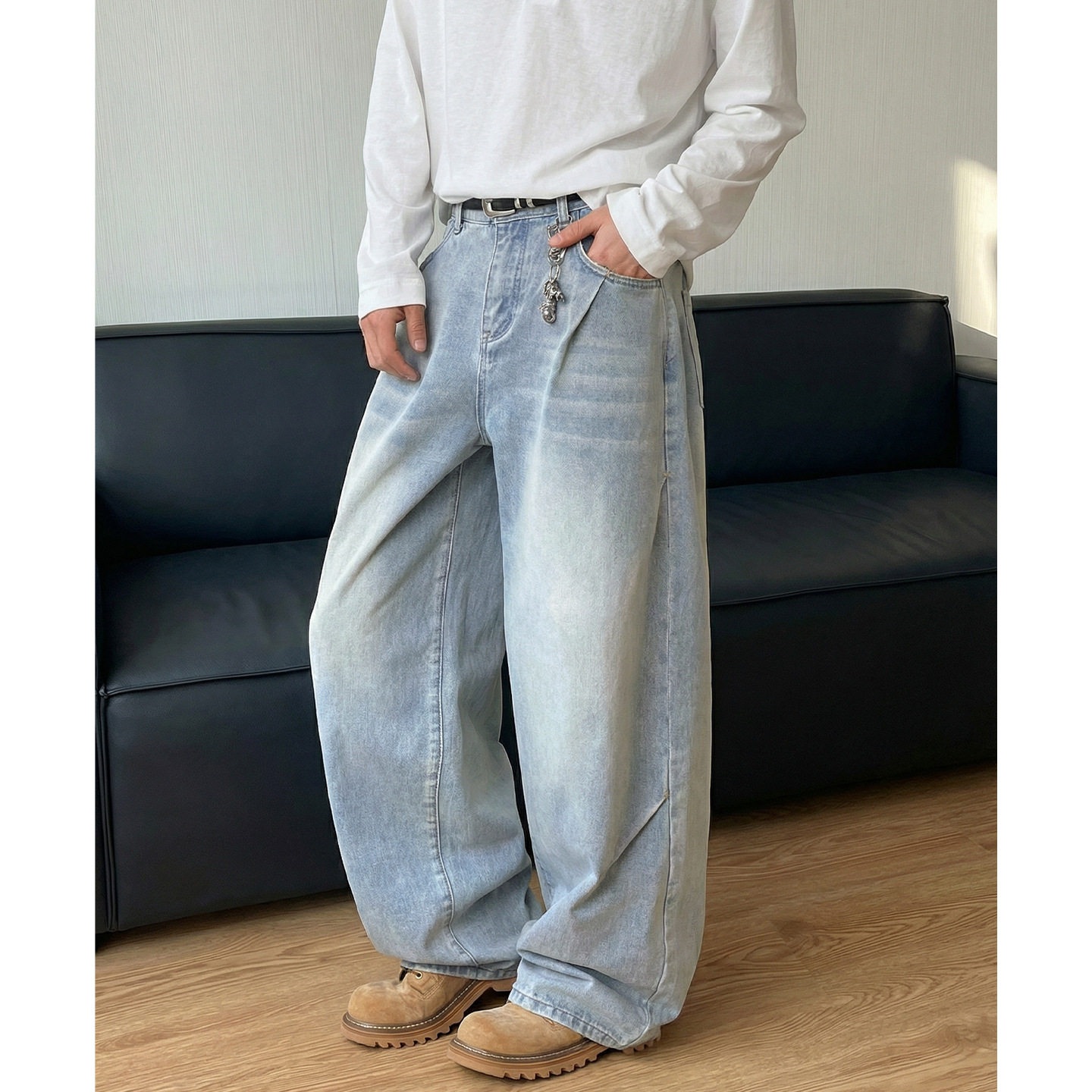 水洗牛仔裤男春季款复古baggy廓形弯刀休闲长裤ON2624-P60控98，男装牛仔裤，电商A362