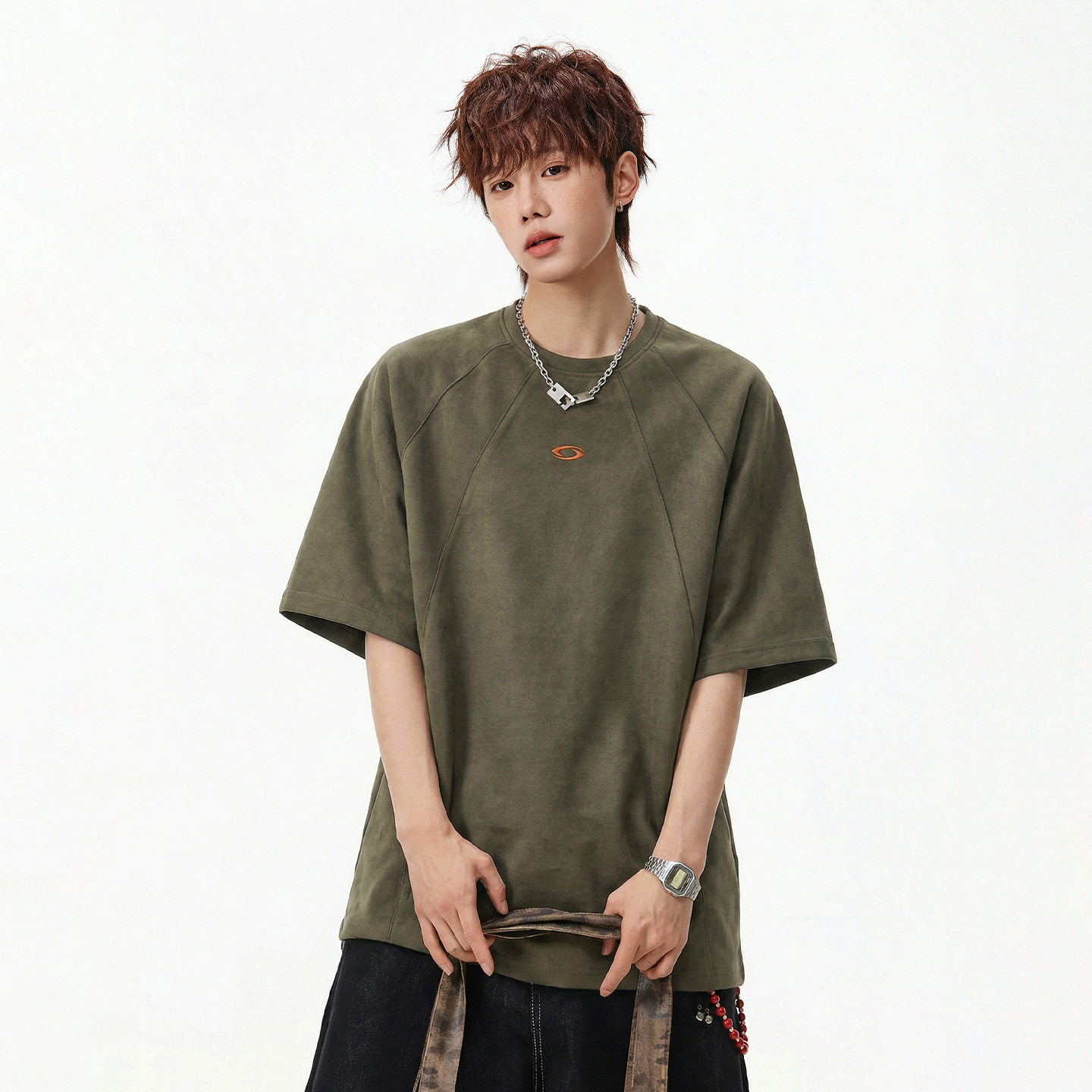 T恤男夏季款美式复古麂皮绒体恤衫撞色刺绣半袖MT7172-P30控49，男装T恤，电商A362