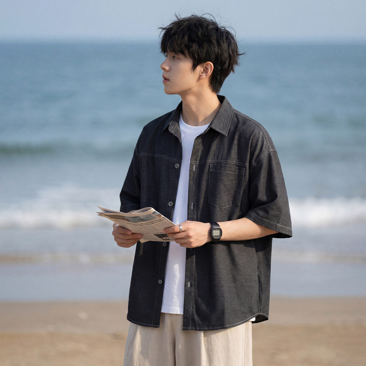 短袖衬衫男夏季薄款透气宽松明线分割潮牌衬衣外套OC7241-P45控78图片