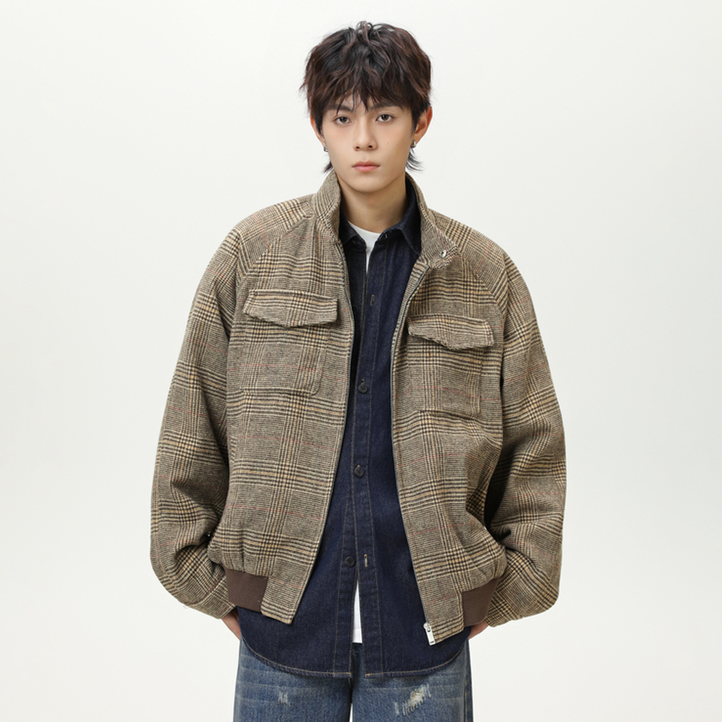 哈灵顿夹克男秋季新款双袋设计短宽立领格子MJ6034-P90控148，男装夹克，电商A362