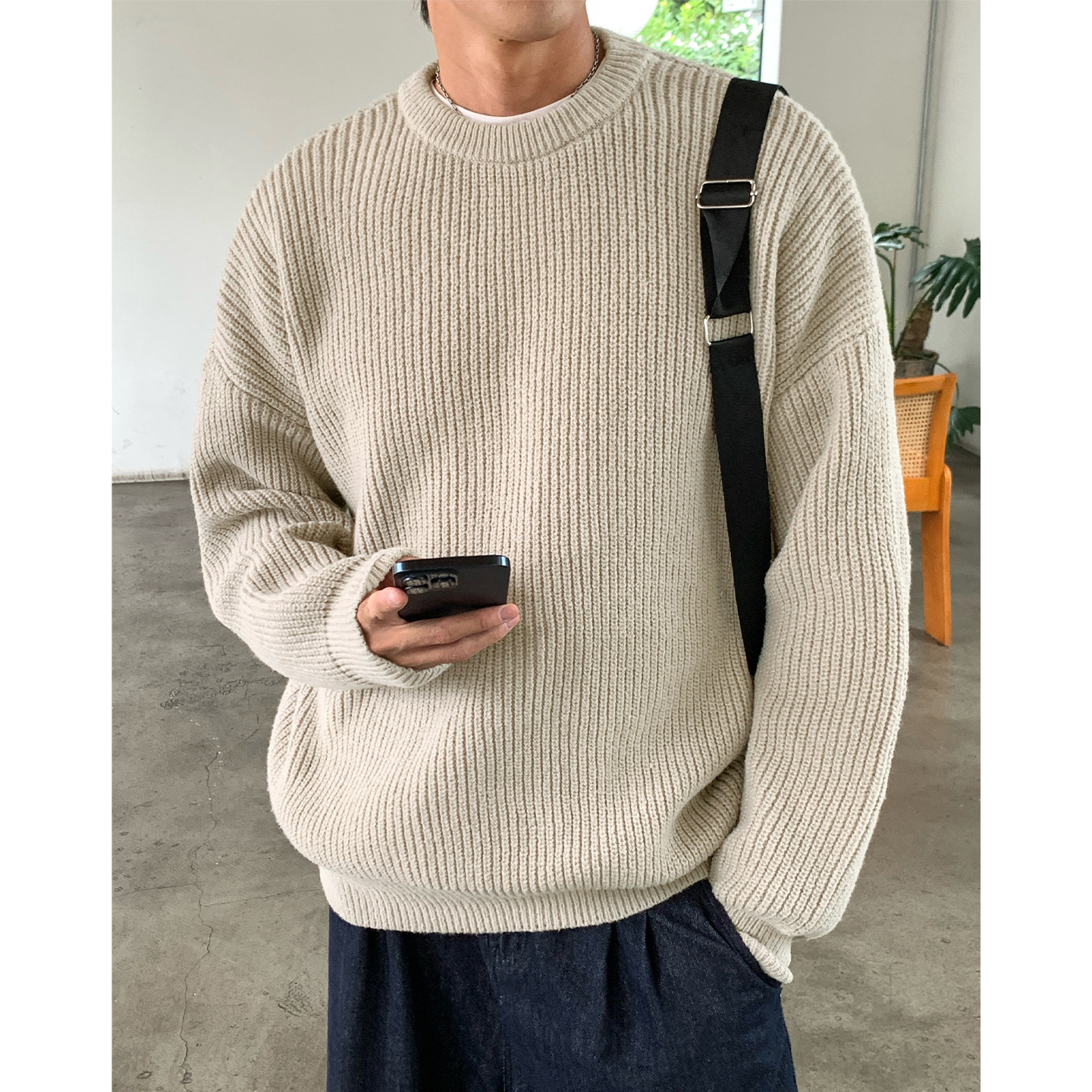 肌理圆领毛衣男秋冬季基础款纯色针织衫复古潮牌K4092-P44控78，男装针织衫/毛衣，电商A362