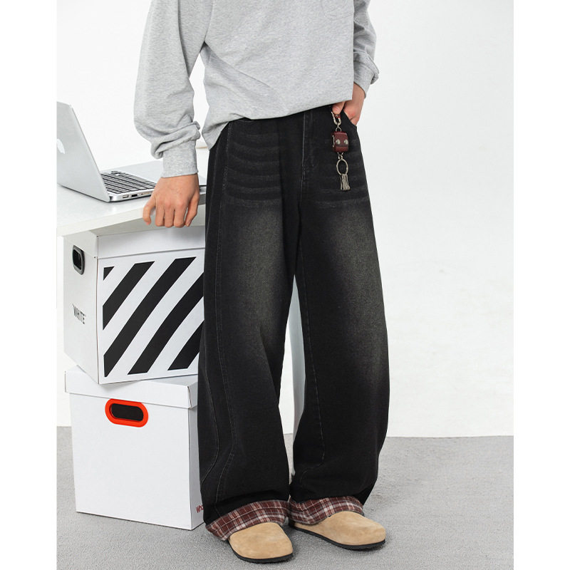 牛仔裤男春季款分割设计美式休闲半松紧直筒裤子MN2384-P60控88，男装牛仔裤，电商A362