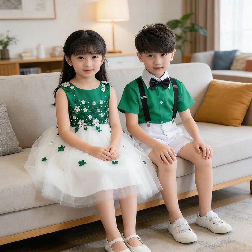 六一儿童绿色演出服环保低碳贝贝舞蹈服女蓬蓬纱裙小草春晓合唱服