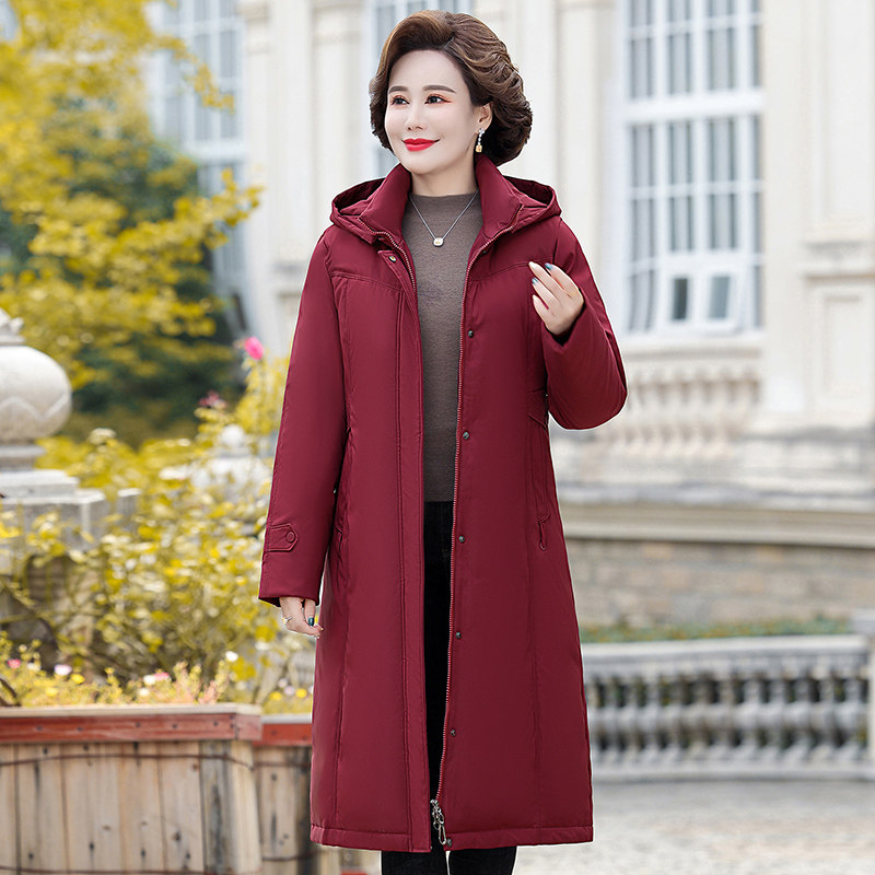 冬季加长超长过膝盖白鸭绒加厚抗严寒妈妈装连帽外套羽绒服女装