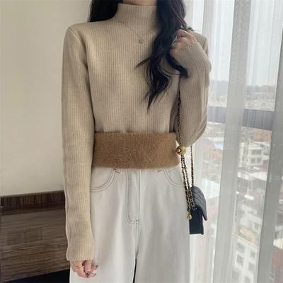 半高领毛衣加厚打底衫女秋冬内搭一体加绒坑条保暖针织衫法式上衣