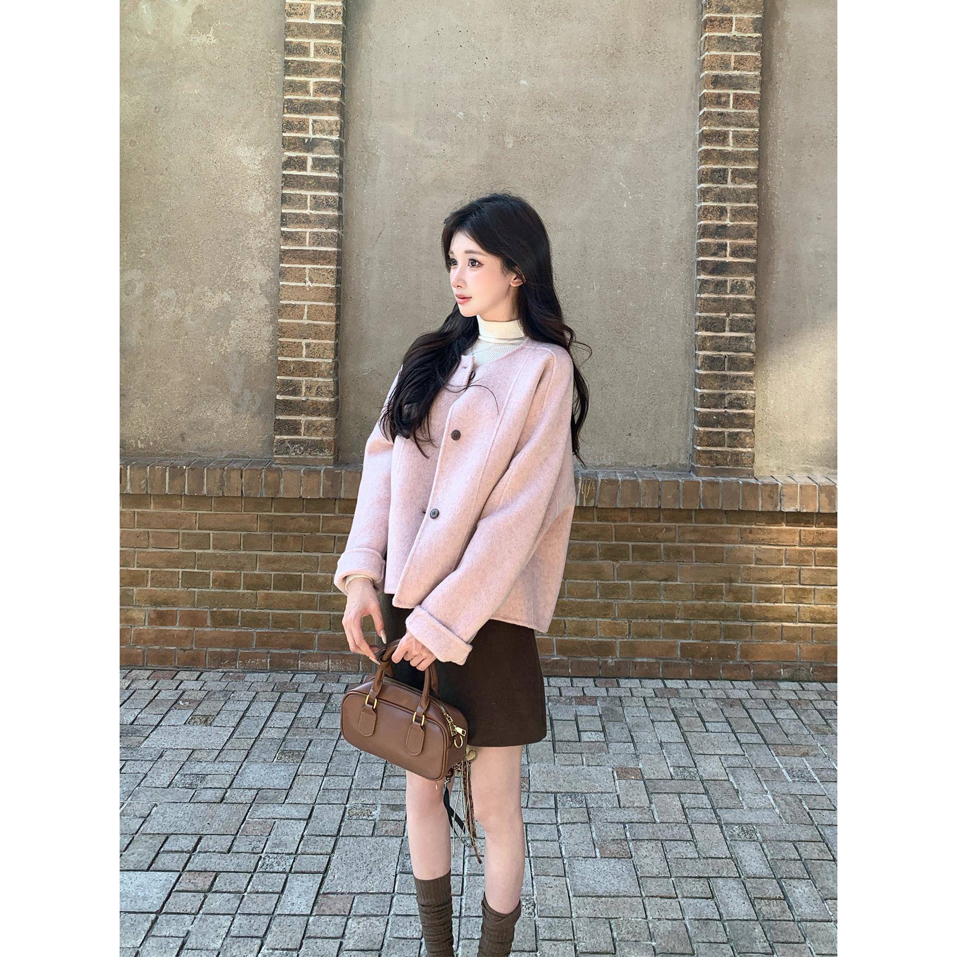 solo爆爆~柔粉雪姬~小个子双面呢大衣蒲公英粉圆领短款羊毛外套女