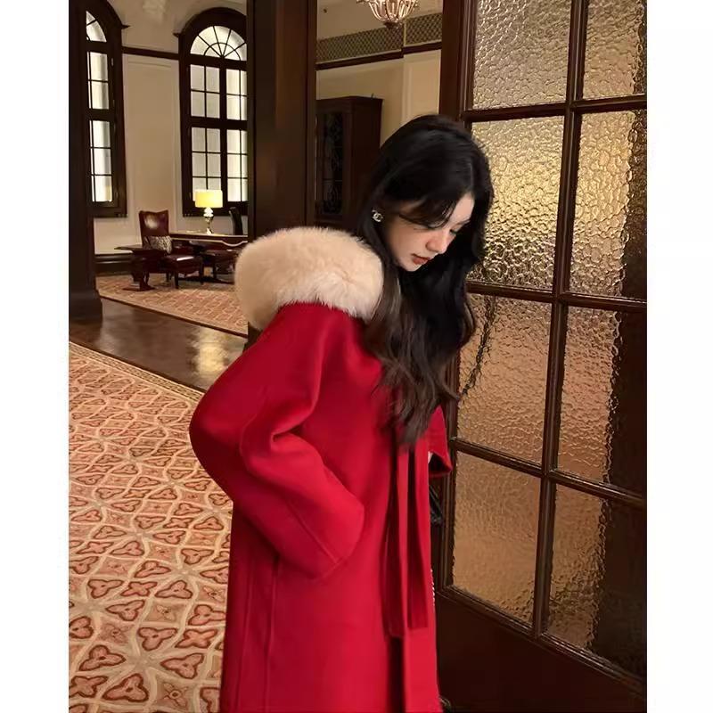红色狐狸毛领双面羊绒羊毛大衣女2024年新款冬日千金穿搭毛呢外套