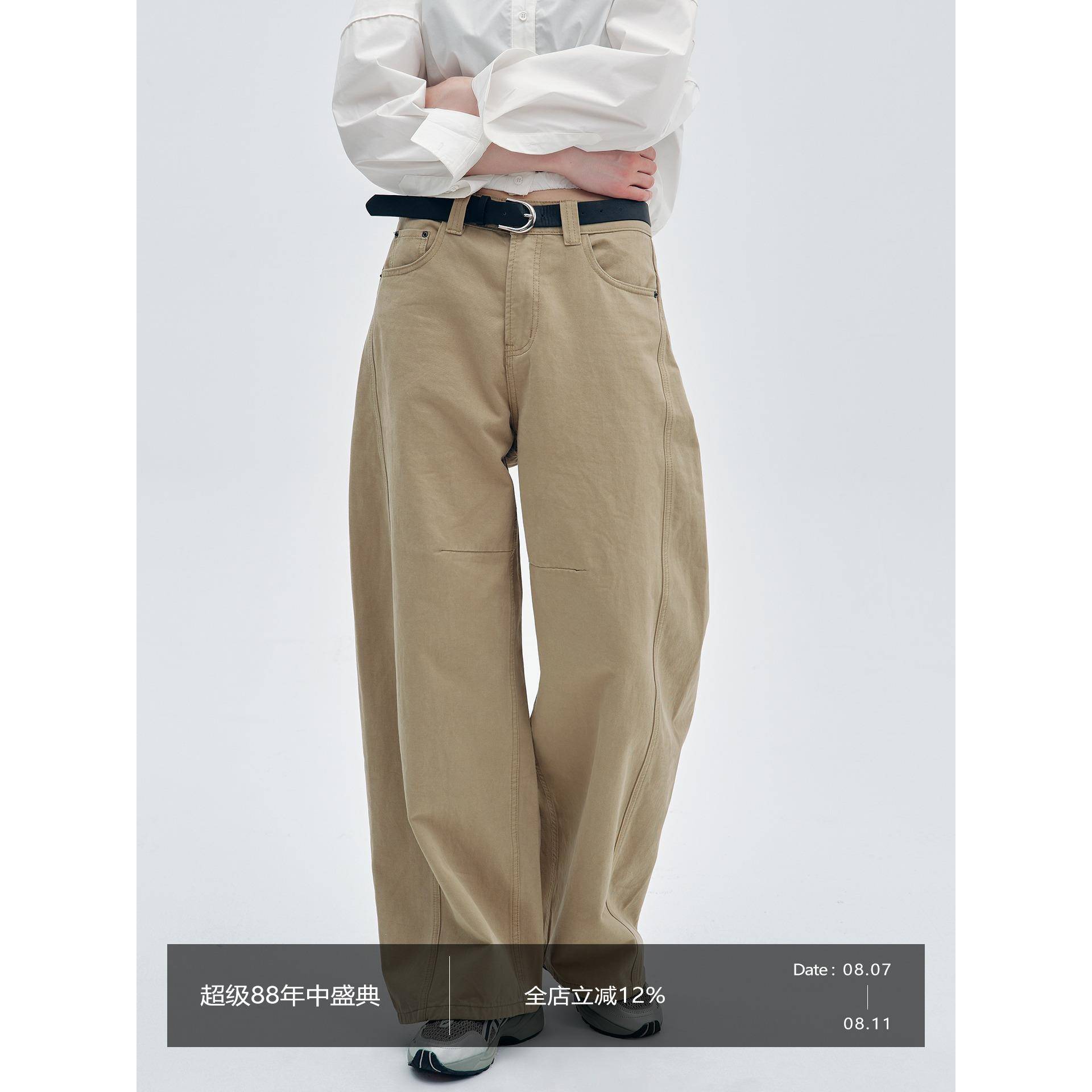 DNCY休闲裤美式覆古卡其色高腰牛仔裤女2025新款百搭阔腿弯刀裤子