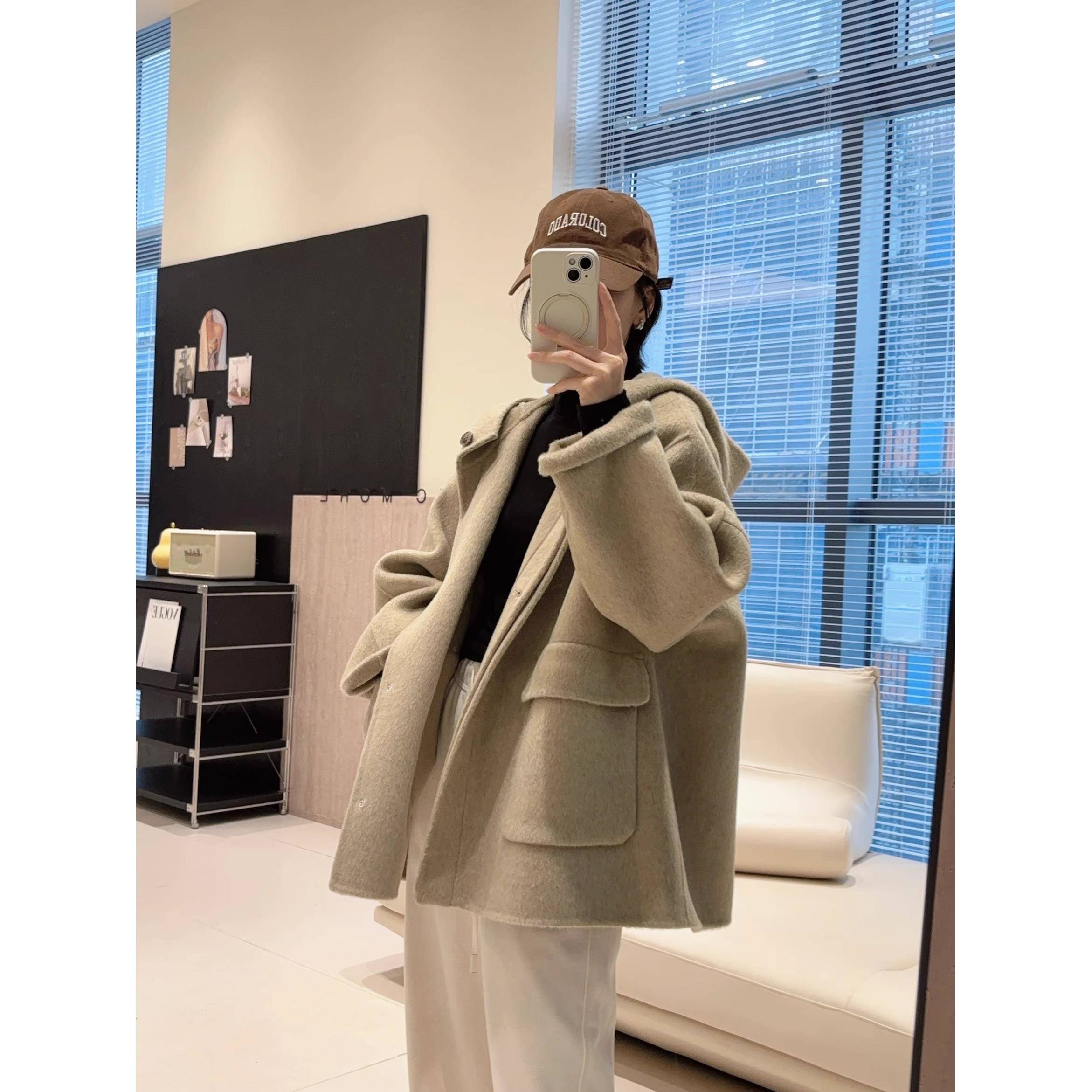 燕小麦10.20 100%羊毛双面呢外套高支加厚纯手工连帽大衣中长款