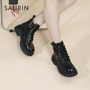 索兰马丁靴2024冬季新款英伦风休闲厚底粗跟拉链短靴女24DX28510