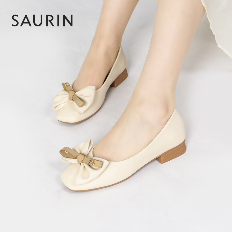 索兰女鞋2024春季新款气质通勤蝴蝶结方头浅口粗跟单鞋女24as6120