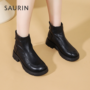 索兰厚底短靴女2025秋冬新款复古百搭切尔西靴增高瘦瘦靴25DX6526