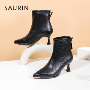 索兰尖头高跟靴女2025冬季新款黑色优雅气质小个子短靴25DN35534