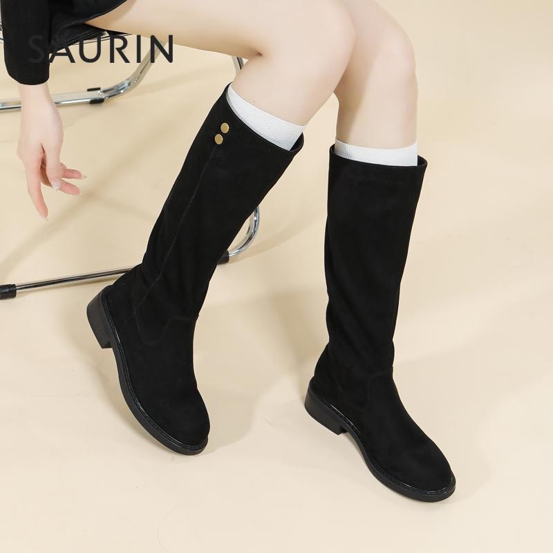 索兰法式绒面粗跟骑士靴