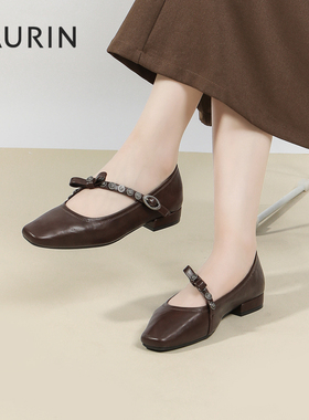 索兰玛丽珍鞋女2024秋季新款复古风蝴蝶结方头低跟单鞋24CH28156