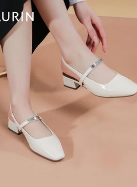 索兰后空单鞋女2025春季新款法式方头粗跟浅口包头凉鞋25AH31413