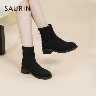 索兰复古后拉链粗跟瘦瘦靴