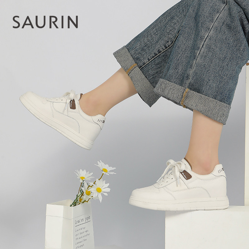 索兰女鞋2023春季新款简约小白鞋圆头系带内增高休闲鞋23ax15209