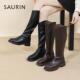 索兰骑士靴女2024秋冬爆款 英伦风V口显瘦高筒靴子长筒靴24DT34565
