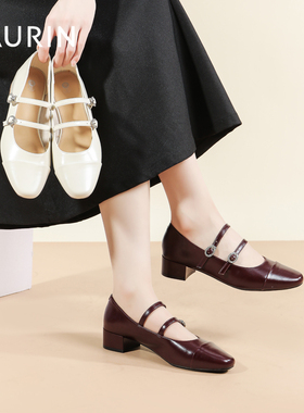索兰法式玛丽珍鞋女2024秋季新款百搭方头浅口粗跟单鞋24CH28155