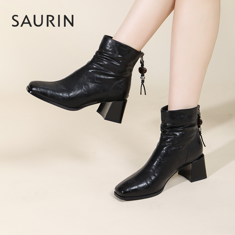 索兰英伦风粗跟通勤短靴