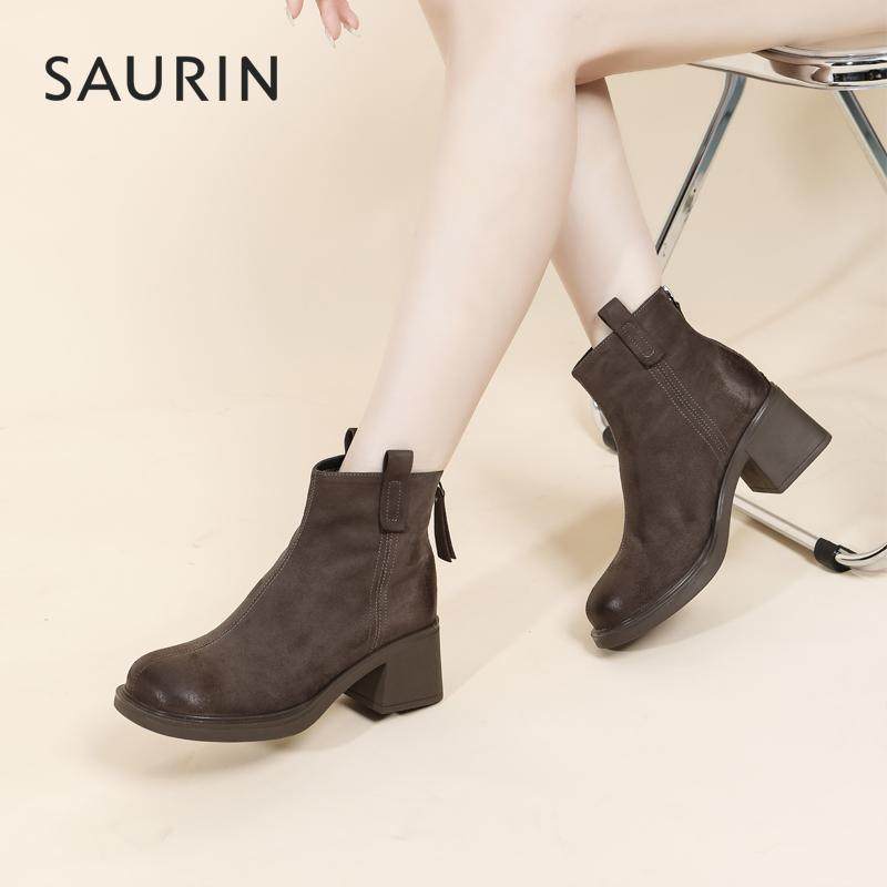 索兰短靴女2024冬季新款时尚百搭绒面小个子高跟时装靴24DT34514,女鞋,时装靴,淘宝优惠券,粉丝福利购,淘宝优惠卷