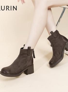 索兰短靴女2024冬季新款时尚百搭绒面小个子高跟时装靴24DT34514