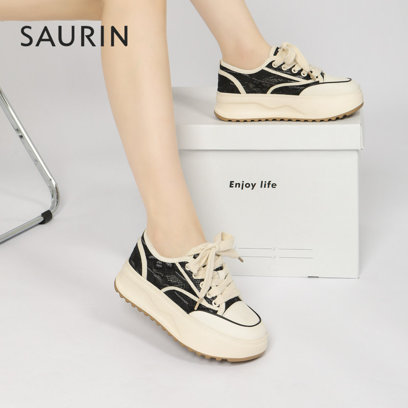 索兰女鞋2023春季新款时尚休闲蕾丝透气网面厚底渔夫鞋23ax14233