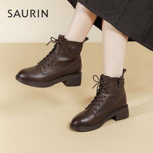 索兰短靴女2024冬季新款时尚潮酷侧拉链系带中跟马丁靴24DX45501