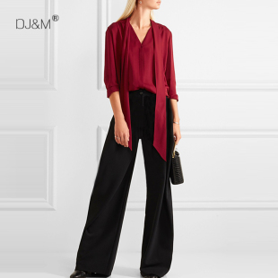套装 2024年秋季 阔腿长裤 轻奢惊艳通勤真丝飘带V领泡泡肩长袖 新款