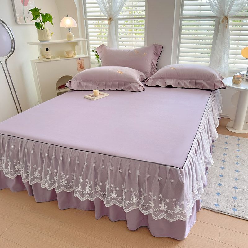 爆款纯色公主风绣花床裙单件蕾丝花边床罩三件套床群席梦思保护套