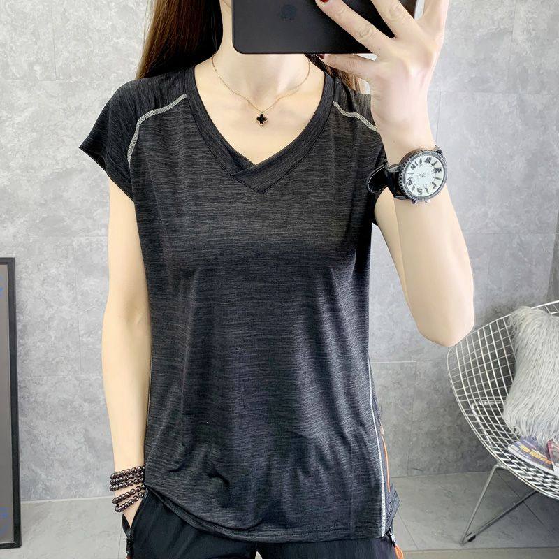 หลวมกระชับสัดส่วนเสื้อผ้าแห้งเร็วของผู้หญิงฤดูร้อนยืดน้ำแข็งรู้สึกกลางแจ้งออกกำลังกายวิ่งเสื้อยืดขนาดใหญ่กีฬาแขนสั้นเสื้อยืด