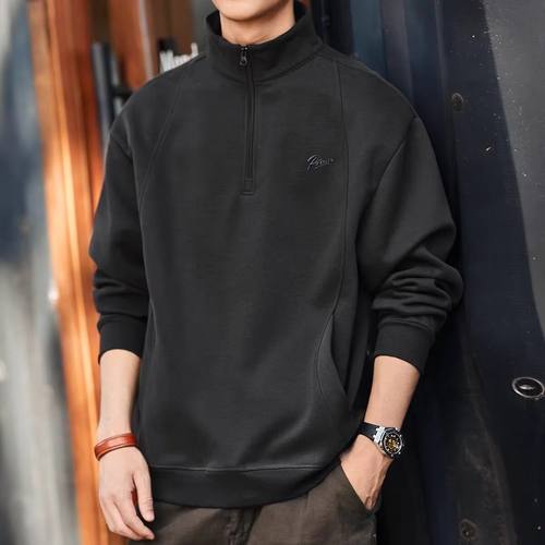 秋季重磅磨毛刺绣男士卫衣美式复古半拉链立领POLO衫宽松套头外套